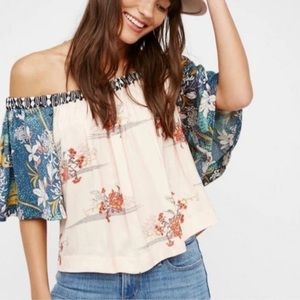FREE PEOPLE boho Rockin Rochelle Oriental Off Shoulder Butterfly Sleeves Top